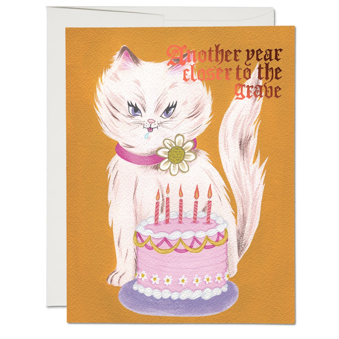 Greeting card with a cat on a birthday cake illustration and text 'Another year closer to the grave' on an orange background.