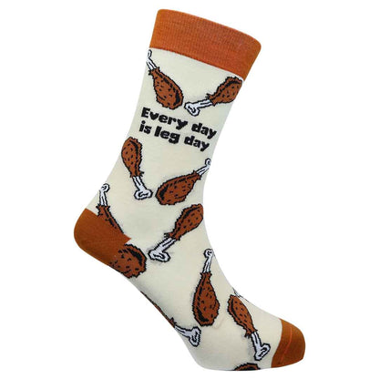 Sock with chicken drumstick and bone pattern and text 'Every day is leg day' on a white background