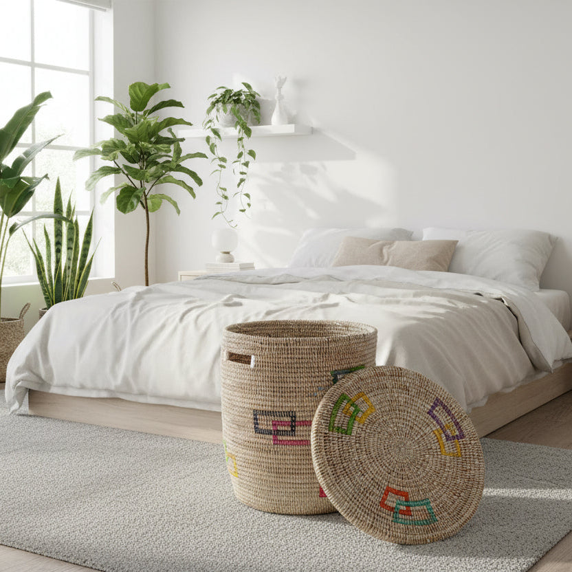 Woven basket with colorful geometric patterns on a white background