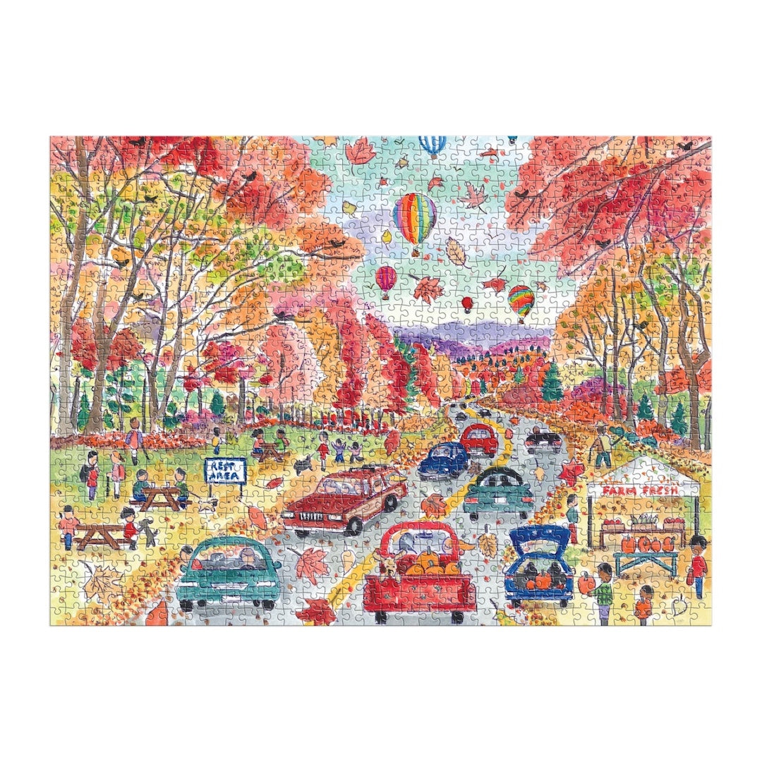 Colorful puzzle with an autumn park scene featuring trees, cars, and people.