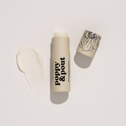 Tube of Lip Balm from Poppy & Pout in the scent Marshmallow Creme on a white background
