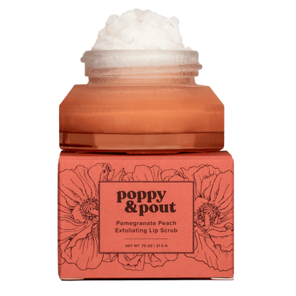 Pink jar of Poppy & Pout Pomegranate Peach Exfoliating Lip Scrub on a white background