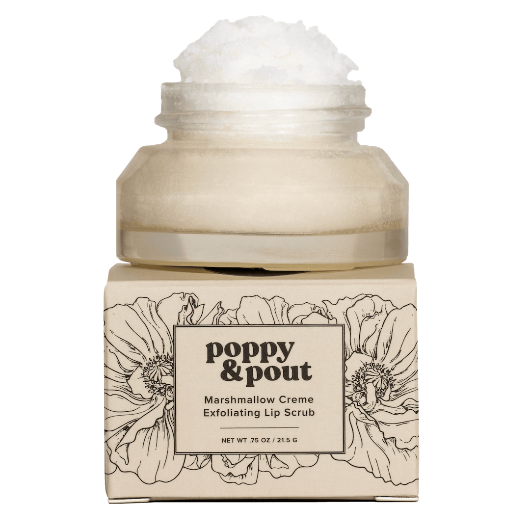 Jar of Poppy & Pout Marshmallow Creme Exfoliating Lip Scrub on a white background