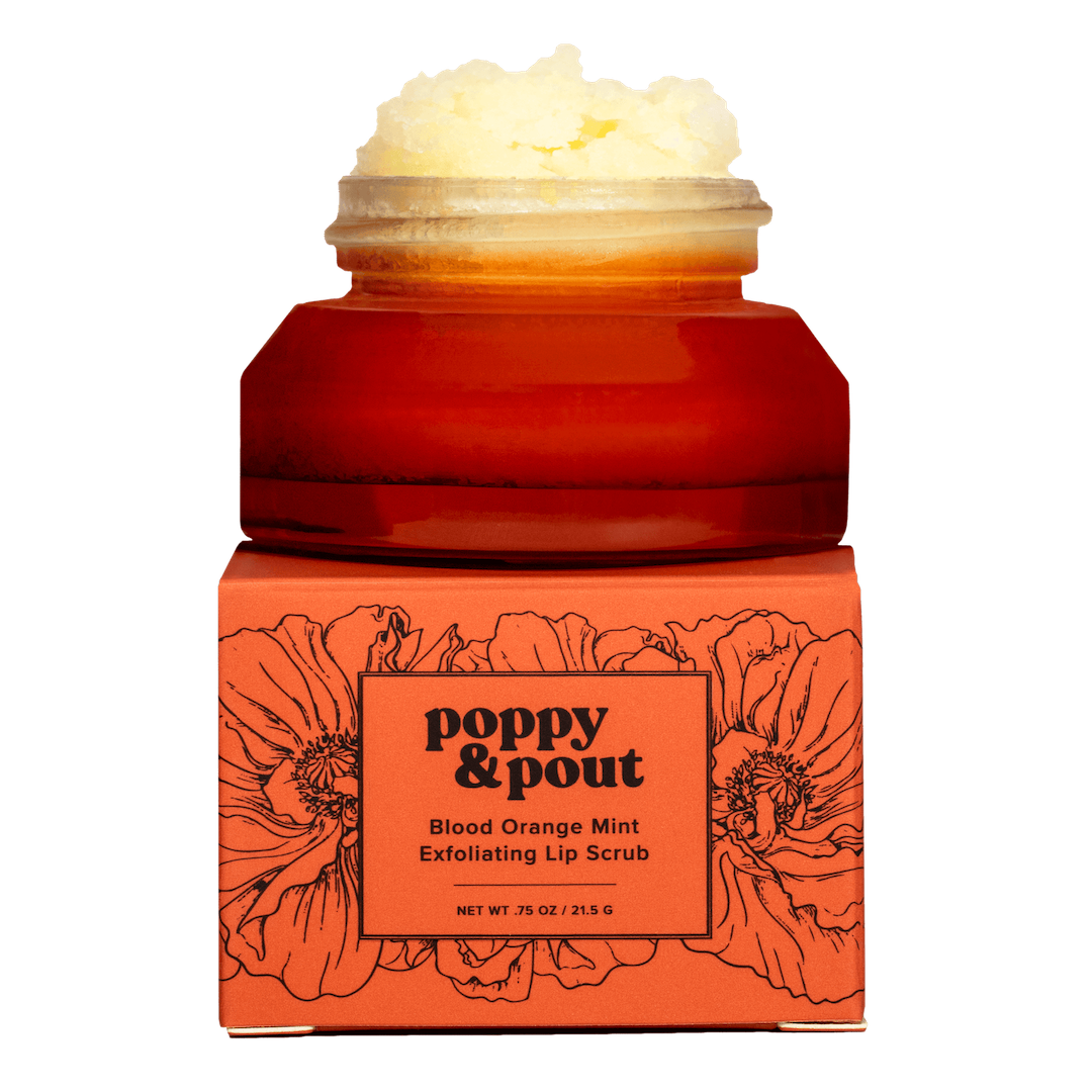 Orange Poppy & Pout lip scrub jar with floral design on a white background