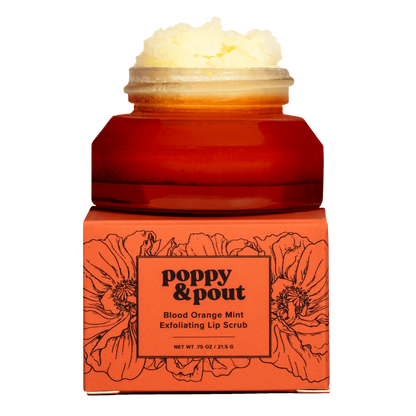 Orange Poppy & Pout lip scrub jar with floral design on a white background