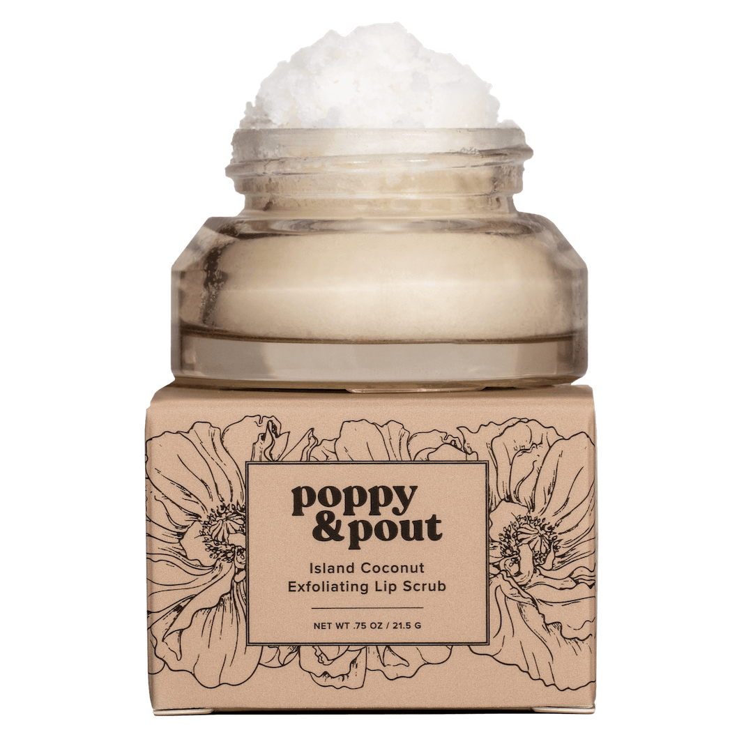 Jar of Poppy & Pout Island Coconut Exfoliating Lip Scrub on a white background