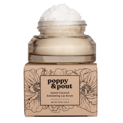Jar of Poppy & Pout Island Coconut Exfoliating Lip Scrub on a white background