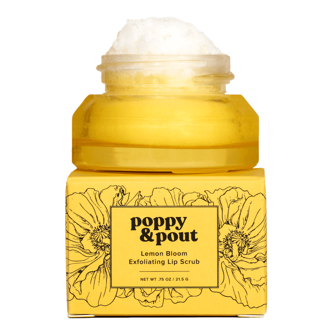 Yellow jar of Poppy & Pout Lemon Bloom Exfoliating Lip Scrub on a white background