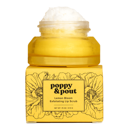 Yellow jar of Poppy & Pout Lemon Bloom Exfoliating Lip Scrub on a white background