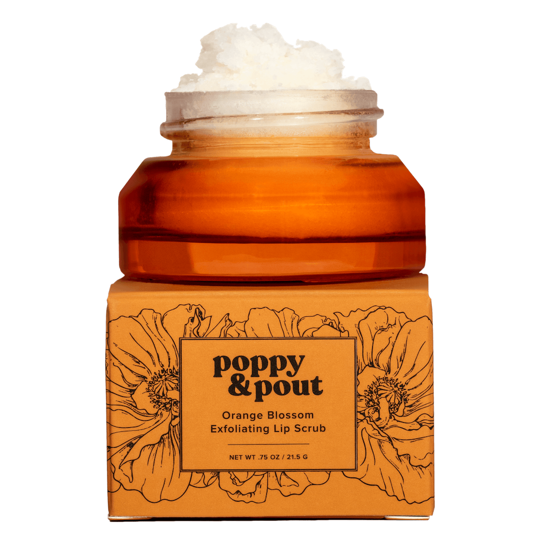 Orange jar of Poppy & Pout orange blossom exfoliating lip scrub