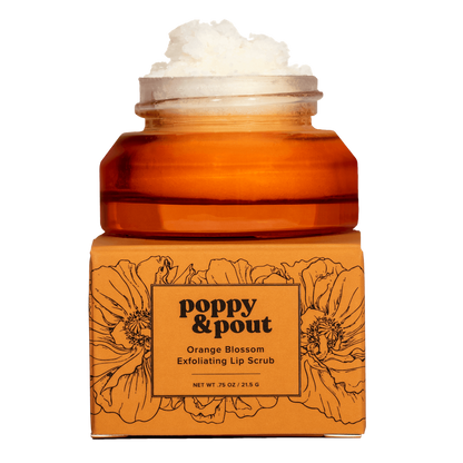 Orange jar of Poppy & Pout orange blossom exfoliating lip scrub