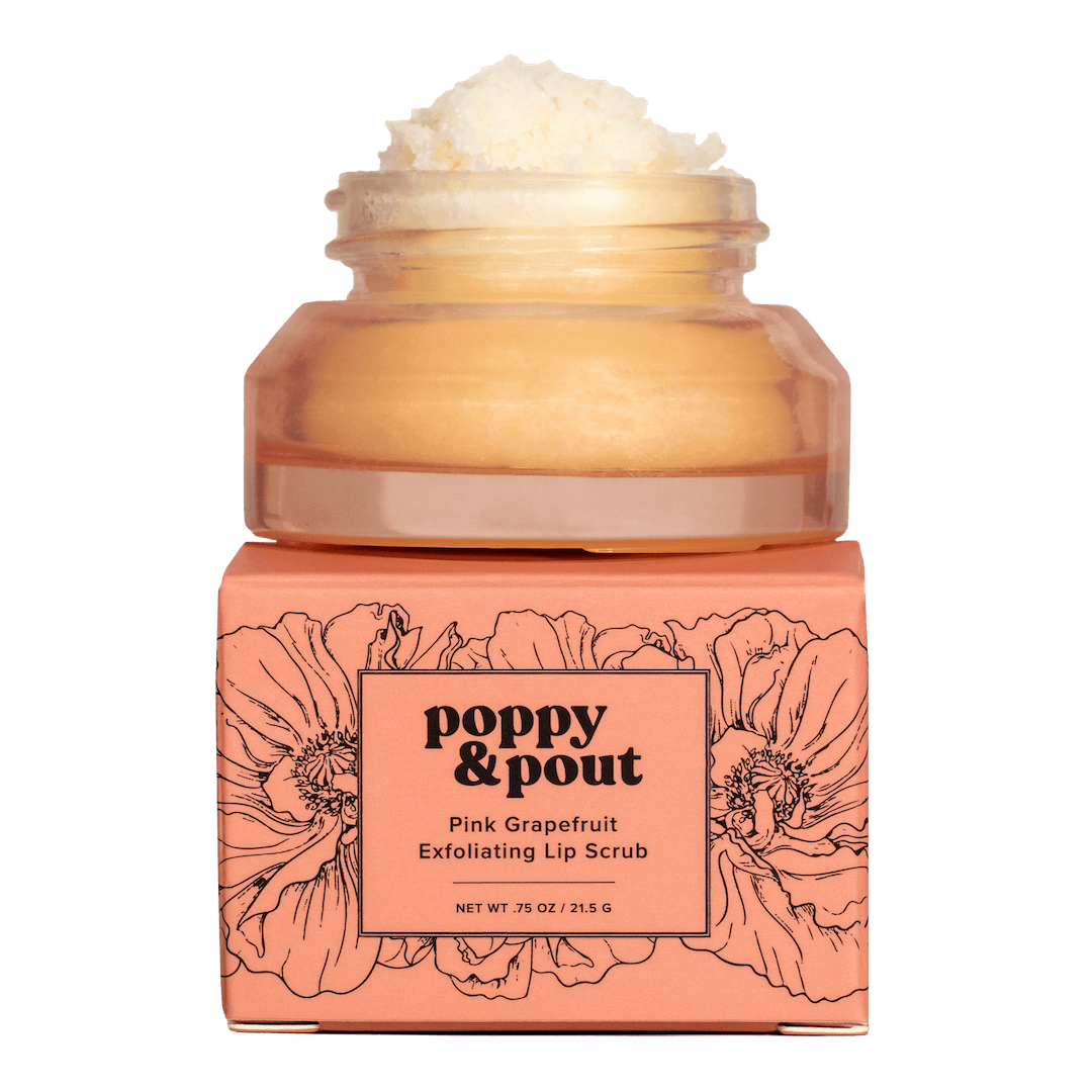 jar of Poppy & Pout pink grapefruit Exfoliating Lip Scrub on a white background
