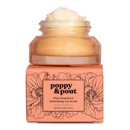 jar of Poppy & Pout pink grapefruit Exfoliating Lip Scrub on a white background