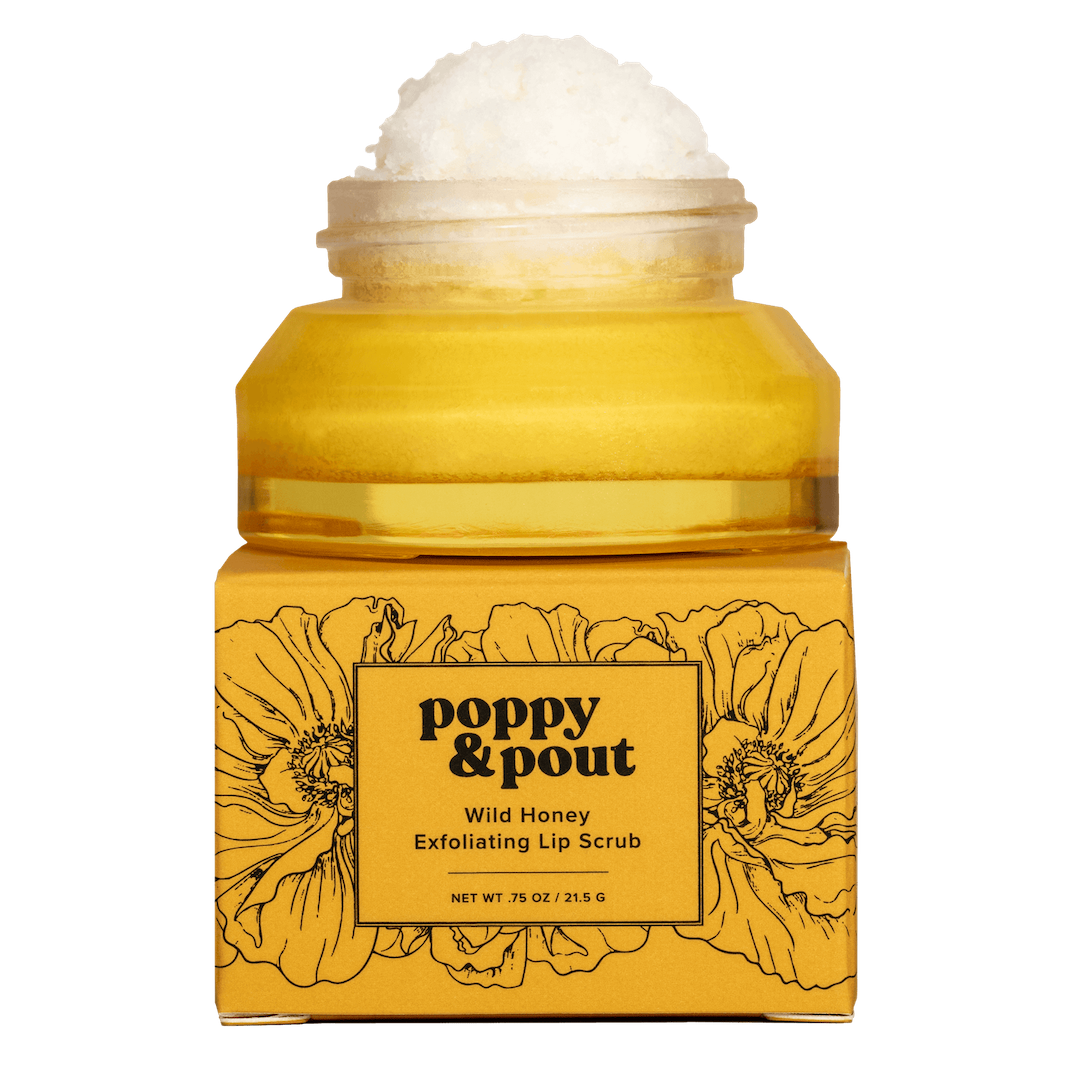 Yellow jar of Poppy & Pout Wild Honey Exfoliating Lip Scrub on a white background