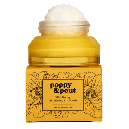 Yellow jar of Poppy & Pout Wild Honey Exfoliating Lip Scrub on a white background