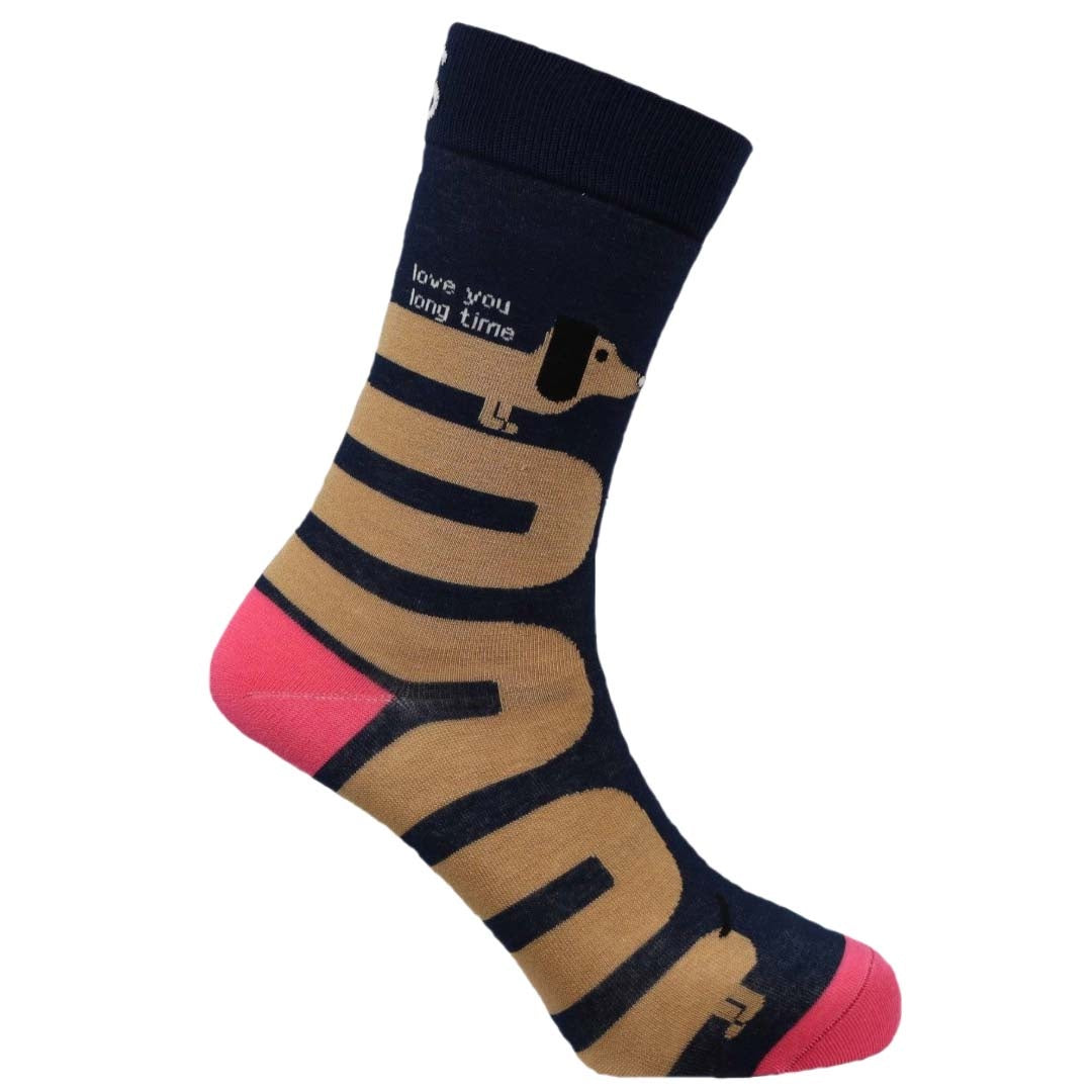 Sock with dachshund design and text on a white background
