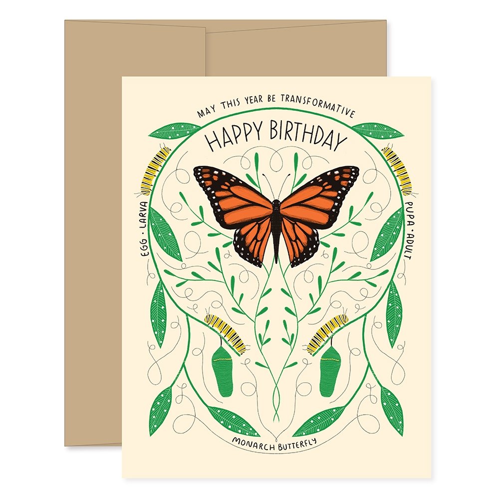 Birthday card with butterfly illustration and text that reads happy birthday may this year by transformative on a beige background 
