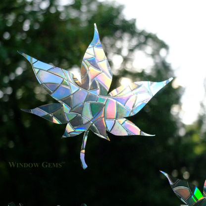 Window with a leaf shaped iridescent stickers