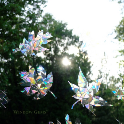 Iridescent leaf-shaped window decorations on a window