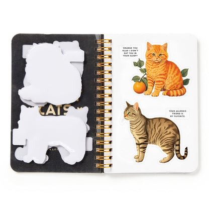 Sticker book with cat-themed stickers on a white background