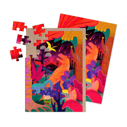 Colorful dinosaur-themed puzzle with pieces on a white background