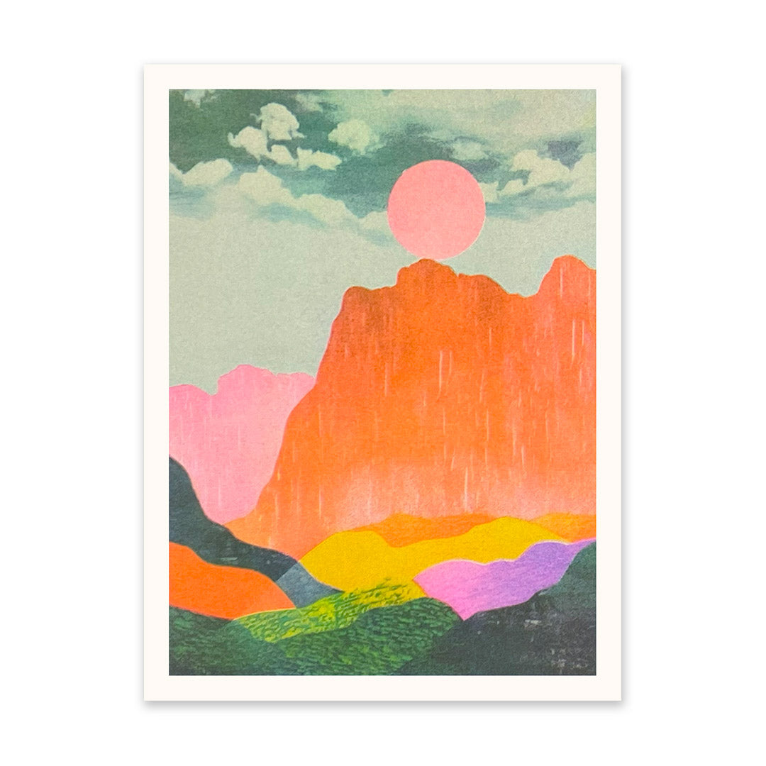 Colorful abstract landscape with mountains and a sun on a white background
