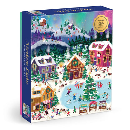 A 100-piece jigsaw puzzle box titled 'Northern Lights' featuring a colorful winter village scene with snow-covered houses, evergreen trees, a glowing ice rink, and people skating and playing. The box is shown at an angle against a plain white background.