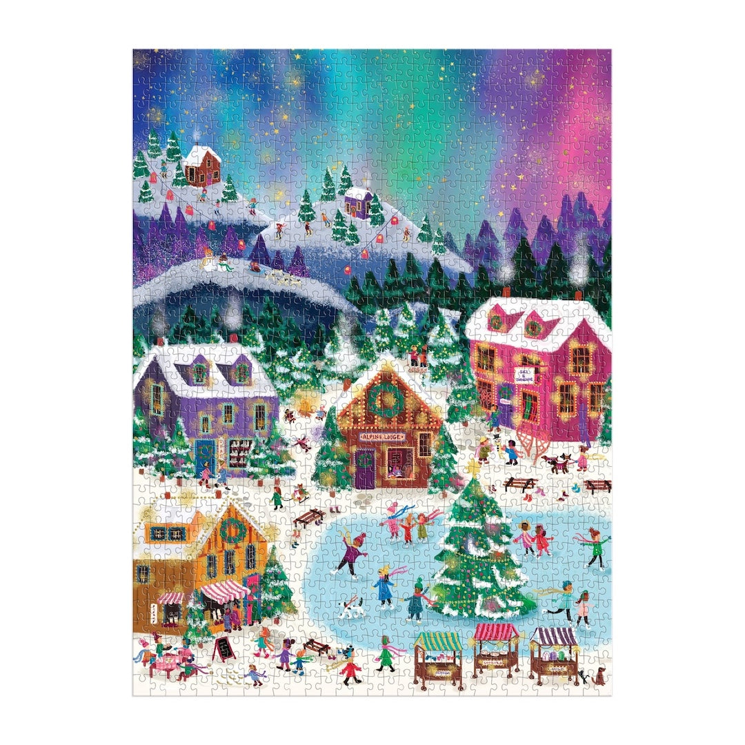 Colorful winter village scene with houses, trees, and people on a puzzle packaging.