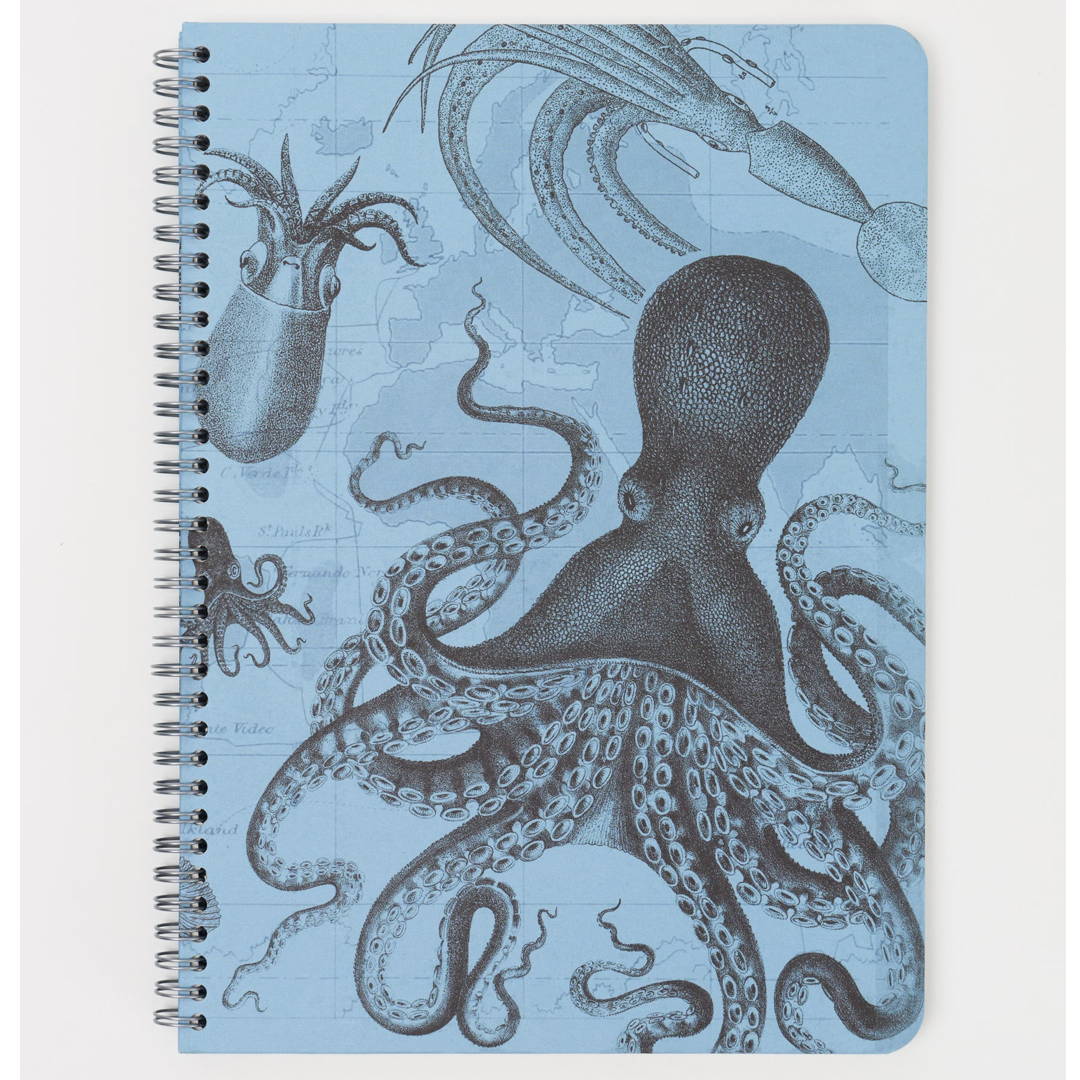 Blue notebook with an octopus design on a white background