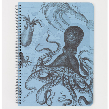 Blue notebook with an octopus design on a white background