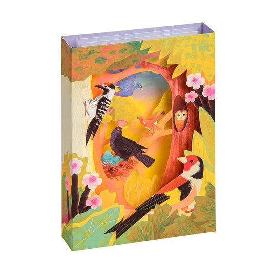 3D greeting card with illustrations of birds and nature on a white background