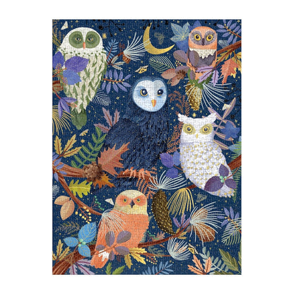 Jigsaw puzzle with owl illustrations on a white background