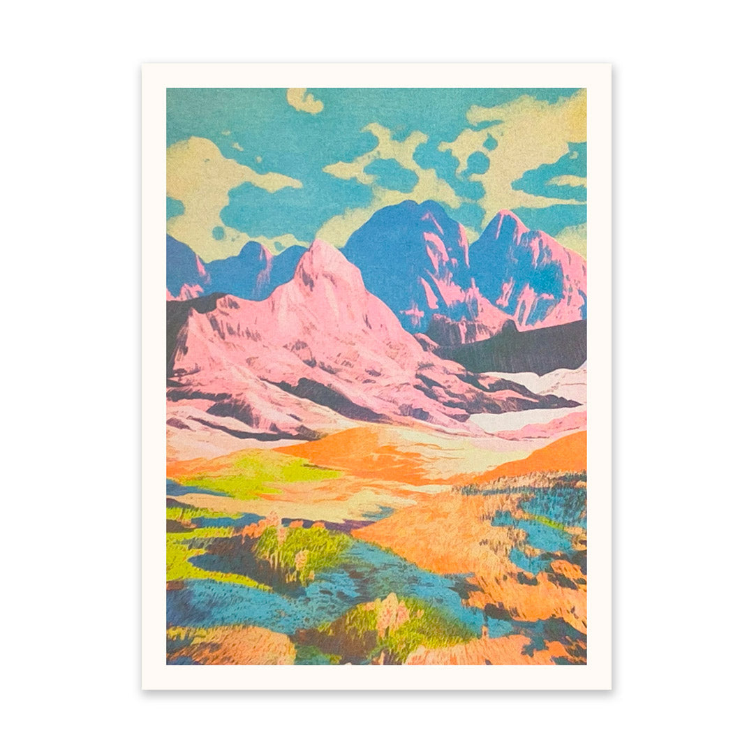 Colorful mountain landscape print with a white border