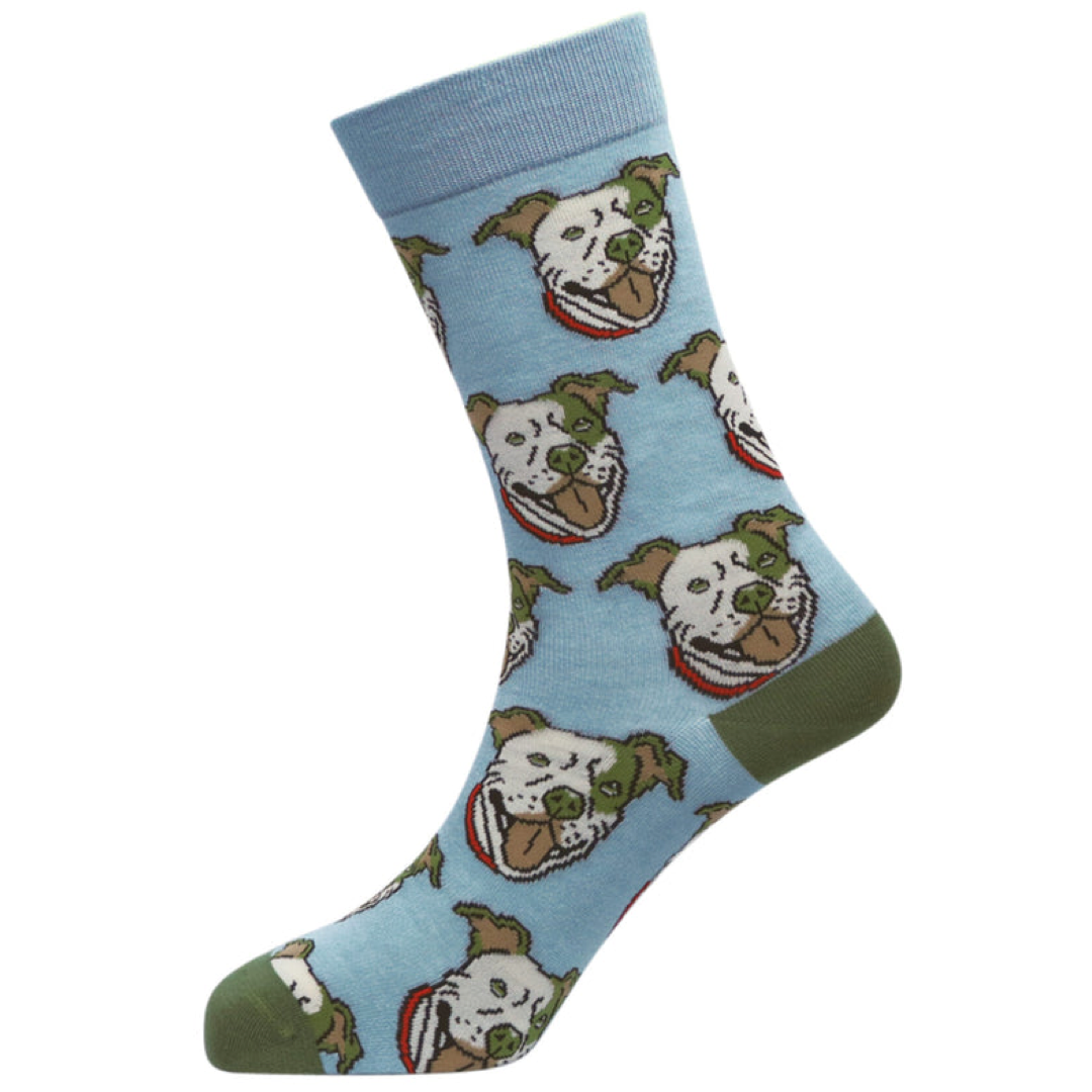 light blue sock with pitbull faces on a white background