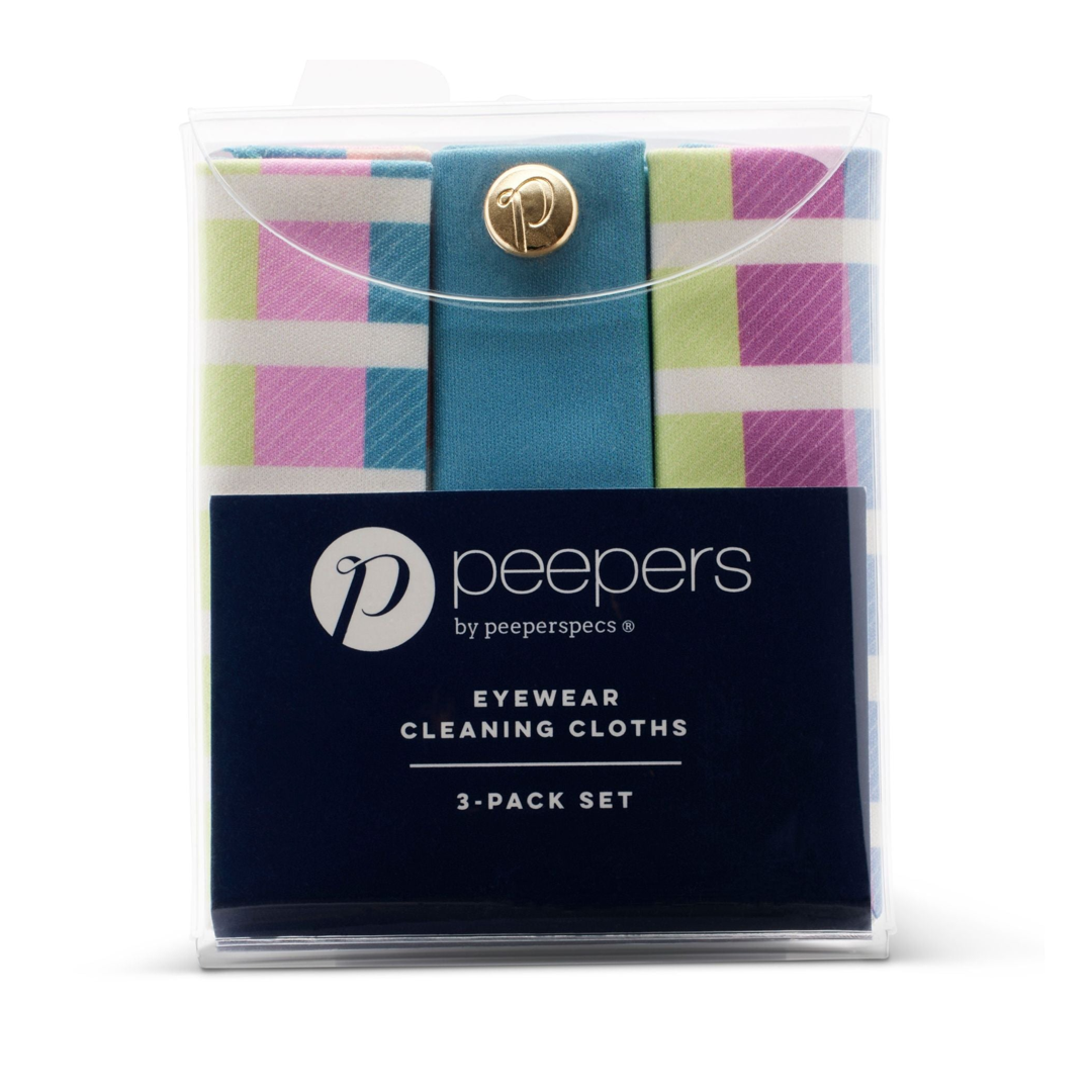 Pack of peepers eyewear cleaning cloths with a colorful design on a white background