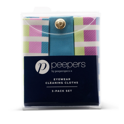 Pack of peepers eyewear cleaning cloths with a colorful design on a white background