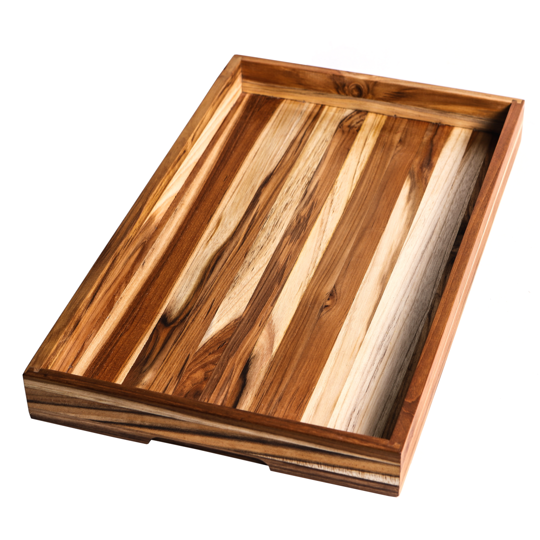 Wooden tray with a natural finish on a white background