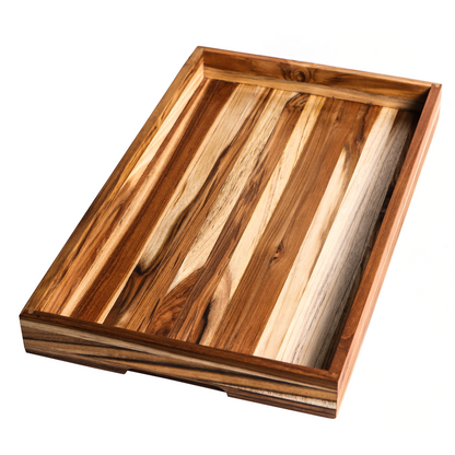 Wooden tray with a natural finish on a white background