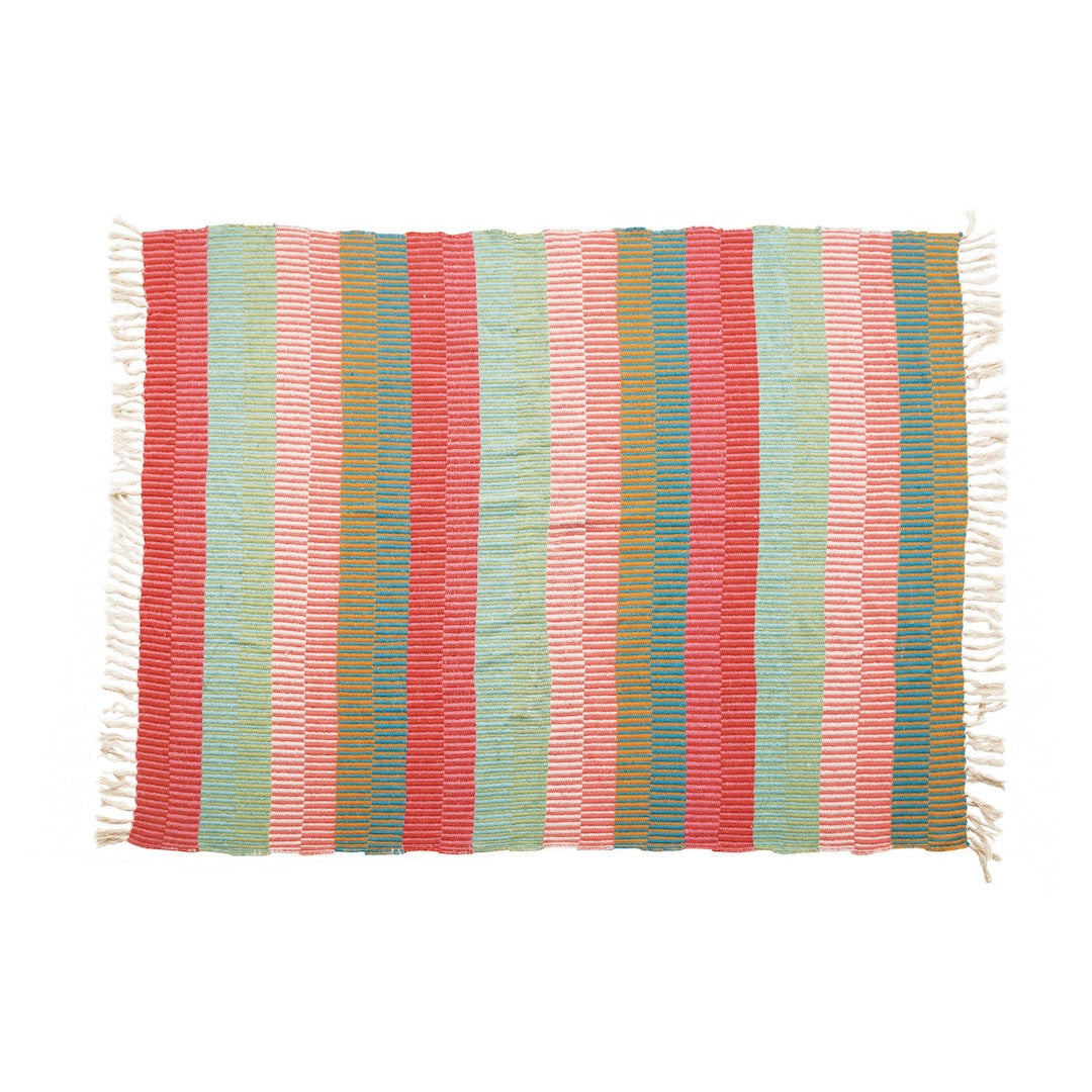 rainbow striped rug with multicolor pattern on a white background