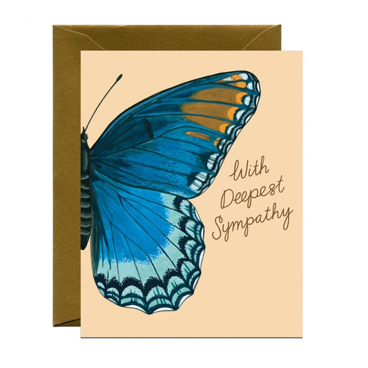Greeting card with a blue butterfly illustration and 'With Deepest Sympathy' text on a beige background.