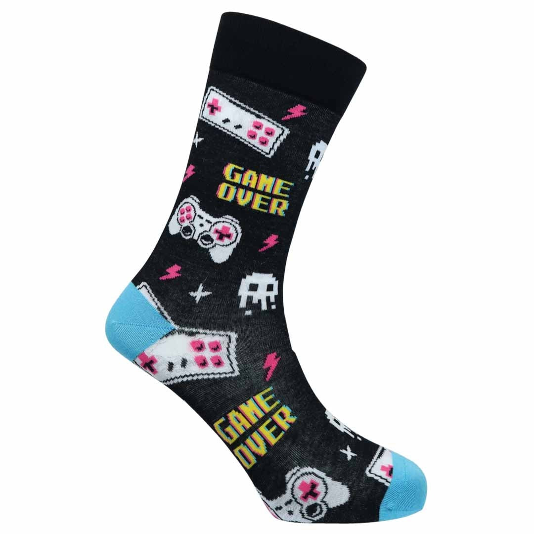 Gaming-themed sock with controller and 'Game Over' text on a white background