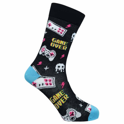 Gaming-themed sock with controller and 'Game Over' text on a white background