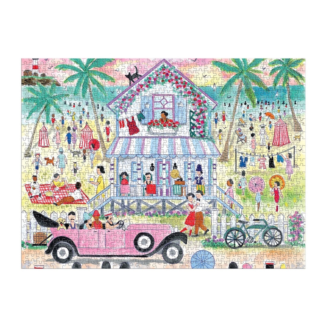jigsaw puzzle featuring a colorful illustration of a beach house scene with people, palm trees, and vintage cars.