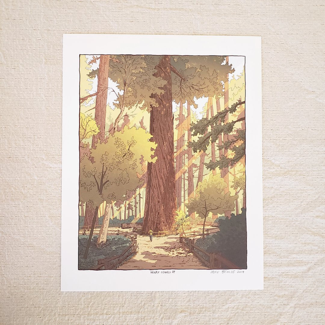 Art print of a forest scene with large trees as seen in Henry Cowell State Park on a textured beige background