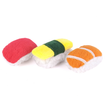 Three colorful sushi-shaped cat toys on a white background