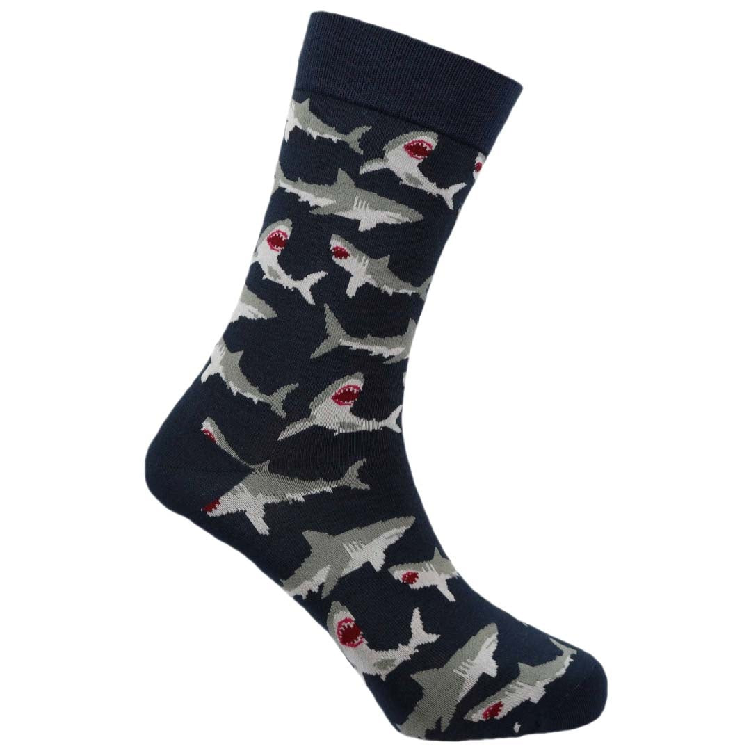 Navy sock with shark pattern on a white background