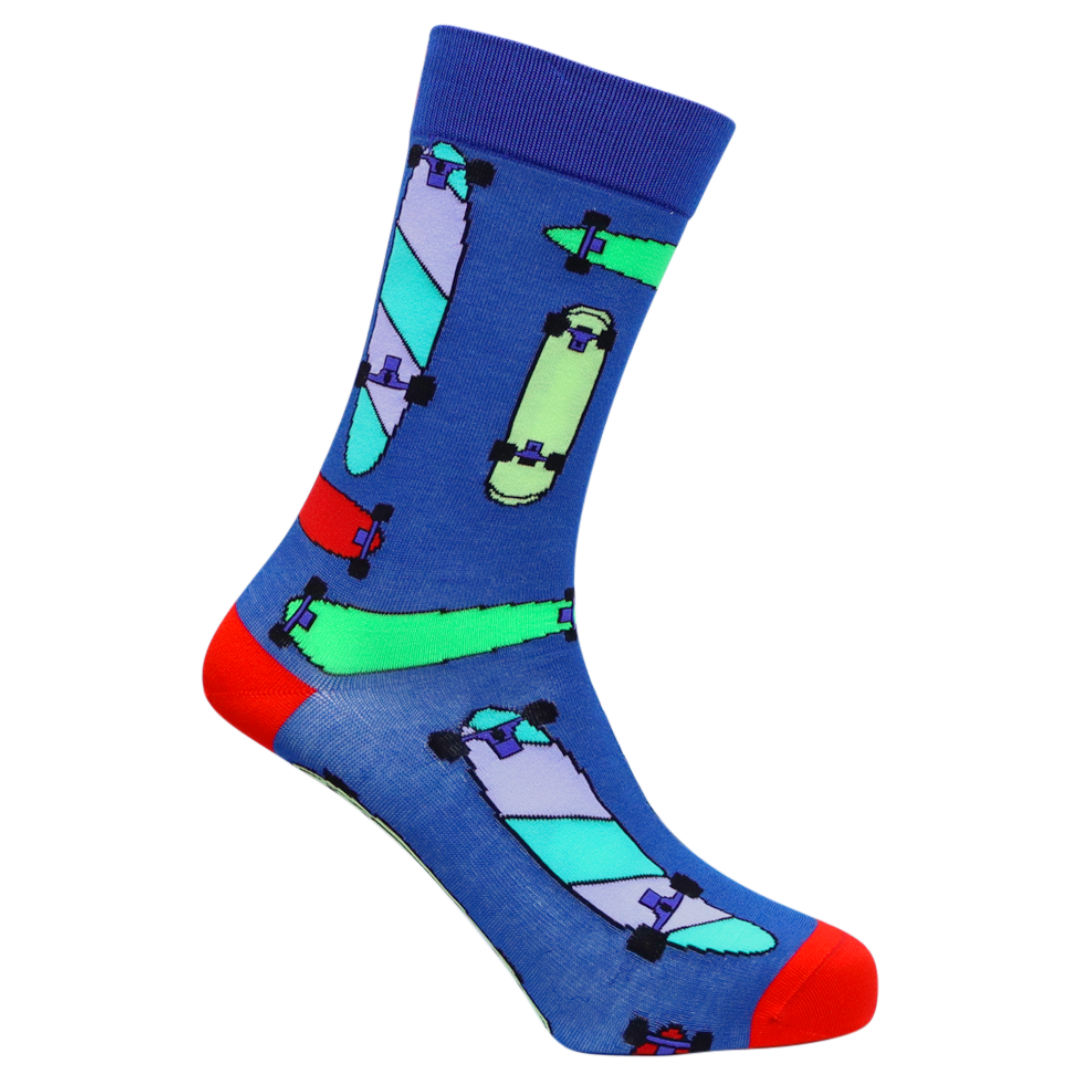 Blue sock with skateboard design on a white background