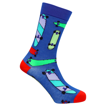 Blue sock with skateboard design on a white background