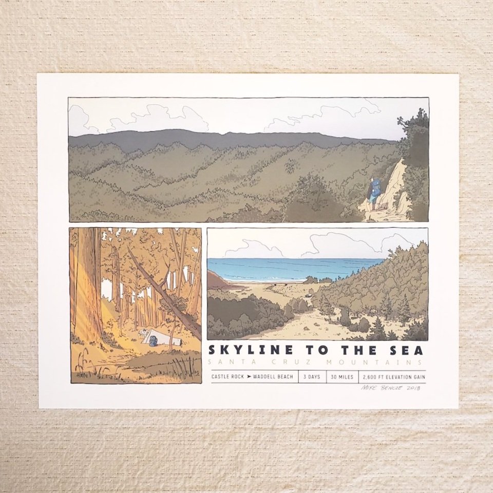 Illustration of 'Skyline to the Sea' hike with mountain, forest, and beach views on a textured beige background.