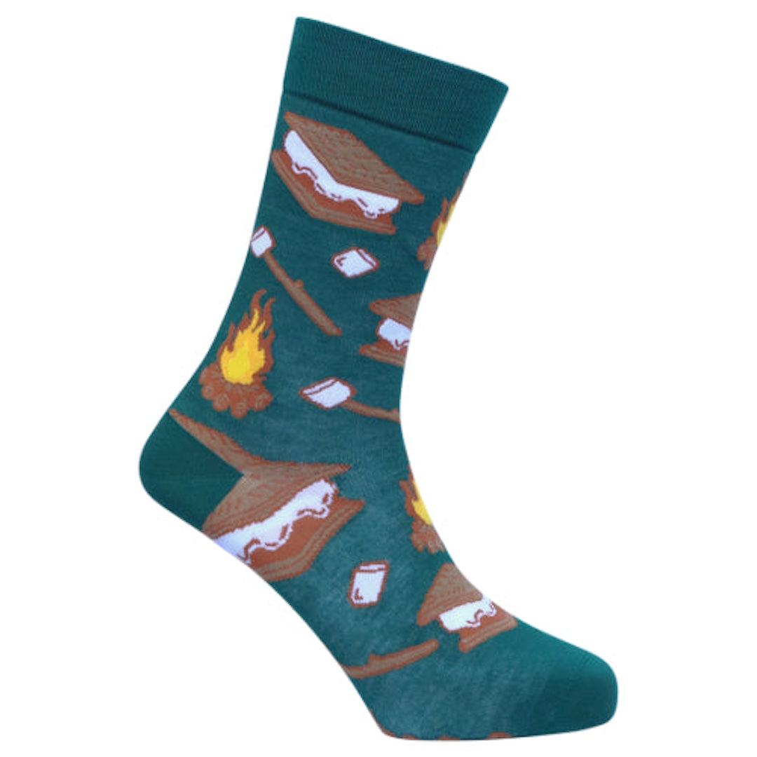 Teal sock with smores and campire design on a white background